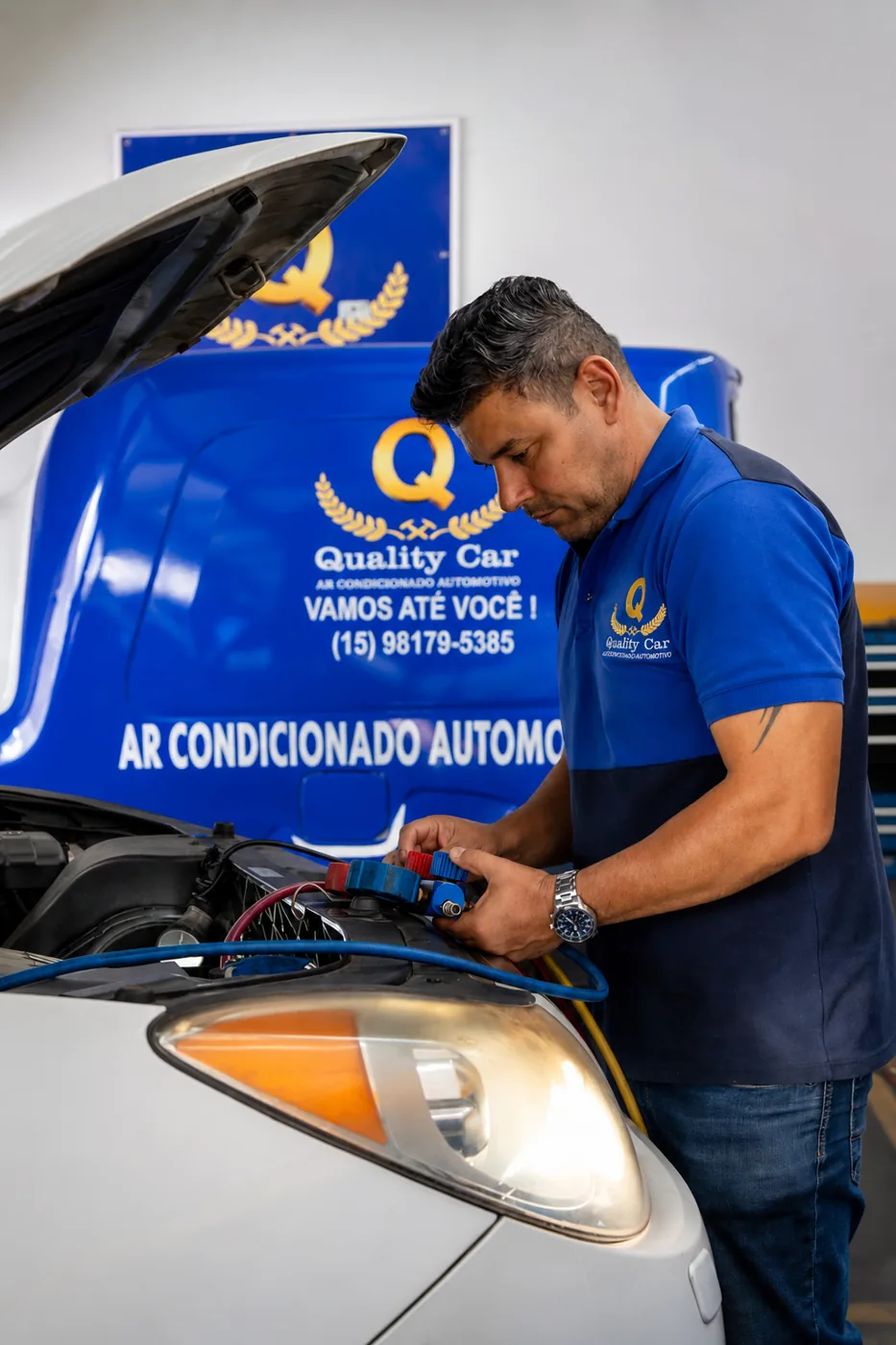 Recarga de gás do ar-condicionado automotivo na Quality Car, em Sorocaba